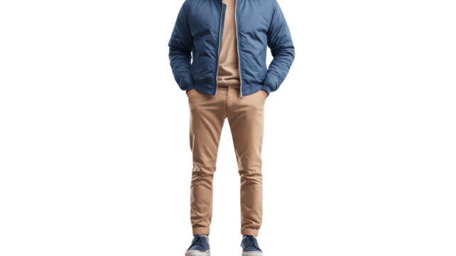 A man in a blue jacket and beige pants showcases a stylish, casual look great for cool weather.