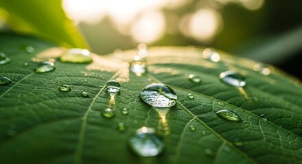 Macro shot of water droplets on a vibrant green leaf.