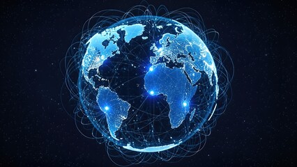 Digital globe illustration featuring interconnected lines and glowing nodes, representing global communication and technology in a futuristic concept of interconnectedness and innovation