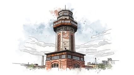 Watercolor Sketch of the Historic Berlin Tempelhof Airport Control Tower.