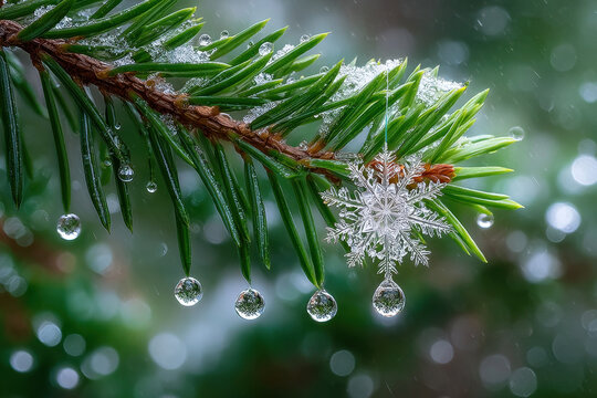 Snowflake on a pine branch with water drops