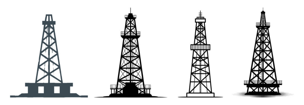 oil derrick illustration set with silhouette, outline, color and engraved , vector collection for the petroleum industry and energy production