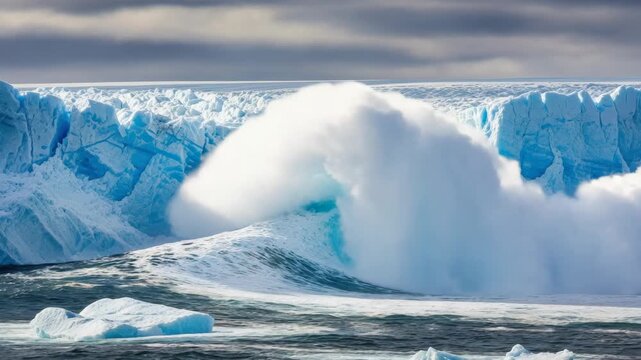 Dramatic three-frame sequence of a large glacier calving into the polar sea. A massive piece of ice collapses and creates a powerful tsunami wave. Global warming and melting ice caps