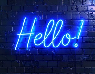 Brighten your brand with a vibrant blue neon "Hello!" sign against a modern brick wall backdrop