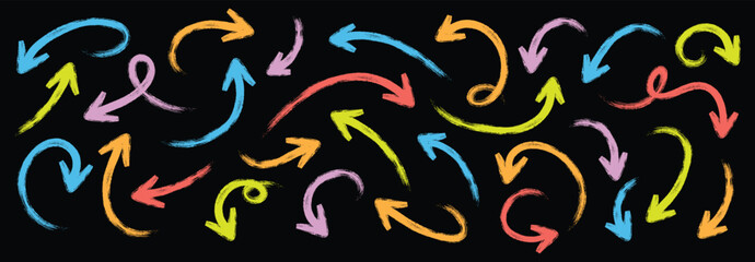 Arrow crayon pastel pencil chalk color line stroke. Collection of colorful hand-drawn arrows and scribbles. Curved vector arrows icons.