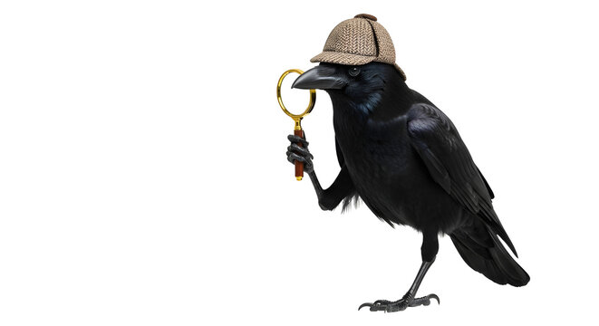 Black crow wearing a Sherlock Holmes deerstalker hat and holding a magnifying glass, isolated PNG with Transparent Background