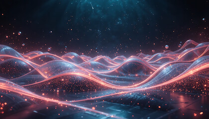 Abstract digital landscape with glowing neon pink and blue waves and shimmering particles against a dark starry background representing data flow and technology