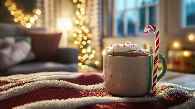 Cozy mug of hot chocolate with whipped cream and candy cane on blanket near christmas tree