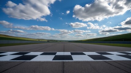 Fototapeta premium Empty race track with chequered finish line under a blue sky