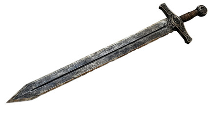 Intricate design of a fantasy sword with a detailed hilt and blade, showcasing craftsmanship and artistry in sharp metalwork.