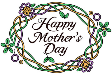 Happy Mother’s Day Greeting Card – Elegant Cursive Typography with Green and Gold Vines, Purple and Yellow Flowers