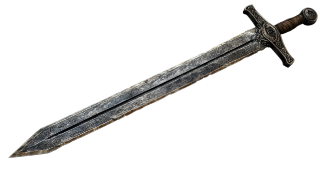 Intricate design of a fantasy sword with a detailed hilt and blade, showcasing craftsmanship and artistry in sharp metalwork.