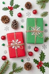 Festive christmas gifts surrounded by natural holiday decorations