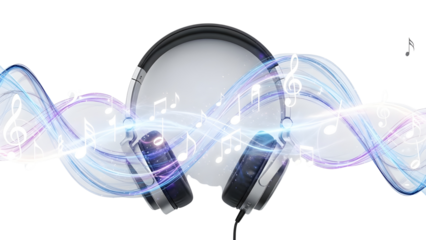 Modern headphones with vibrant abstract sound waves and floating musical notes concept isolated PNG with Transparent Background
