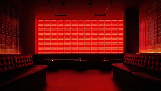 A sleek, modern lounge space illuminated by vibrant red lighting, featuring stylish seating and a minimalist design.