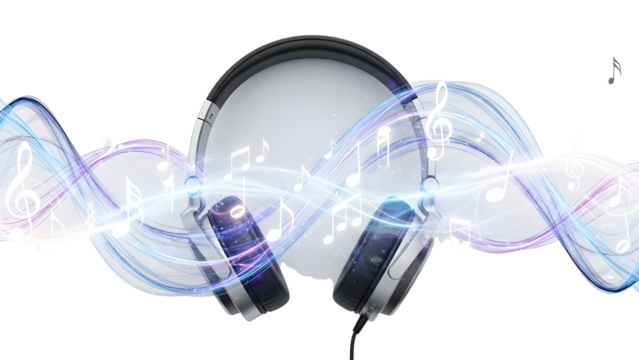 Modern headphones surrounded by abstract glowing music waves and floating notes isolated PNG with Transparent Background