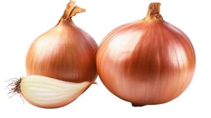 Fresh onions with shiny skin and one cut onion, perfect for cooking or salads, set against a clean background.