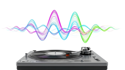 Turntable playing classic vinyl record with vibrant colorful sound waves graphic visualization isolated PNG with Transparent Background
