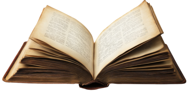 Old book with worn pages opened on a table revealing ancient text and rich history waiting to be explored.