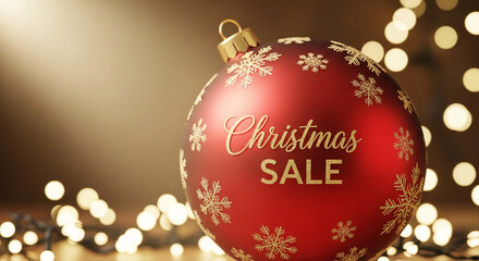 Red christmas bauble with golden snowflakes and text, against bokeh light background. Represents festive season, celebration, and promotional offer