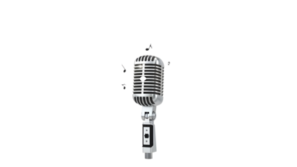 Classic retro vintage microphone with musical notes for audio recording and broadcast design isolated PNG with Transparent Background