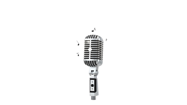 Classic retro metallic microphone with musical notes for performance and broadcast. isolated PNG with Transparent Background - Powered by Adobe