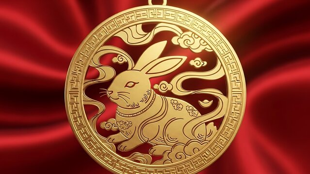 Golden Rabbit Art on Red Silk
