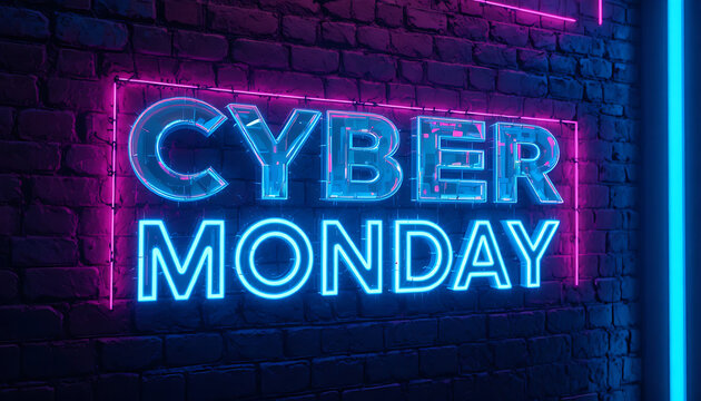 Bright blue and pink neon sign glows on a dark brick wall displaying the words cyber monday perfect for online shopping promotions and digital advertising