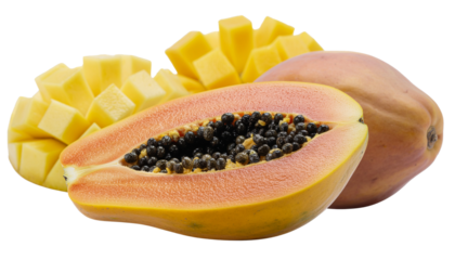 Fresh, healthy tropical papaya fruit, cut in half with seeds, isolated on a white background.