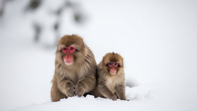 Japanese Macaques in Winter - A Mother and Baby Monkey Scene.