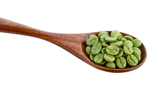 Fresh organic green peas in a wooden spoon, isolated on a white background, highlighting a healthy, raw ingredient.