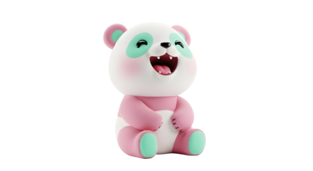 Cute laughing pink and mint cartoon panda character for social media and children's content isolated PNG with Transparent Background