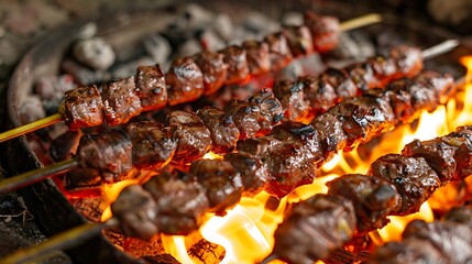 Close up of beef skewers grilling over hot coals with flames licking the meat on metal skewers