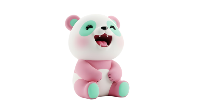 Cute laughing pink and mint cartoon panda character for social media and children's content isolated PNG with Transparent Background
