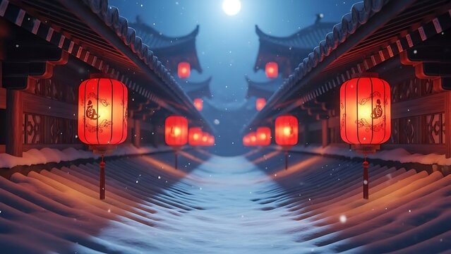 Red Lanterns in Snowy Asian Street at Night - Powered by Adobe