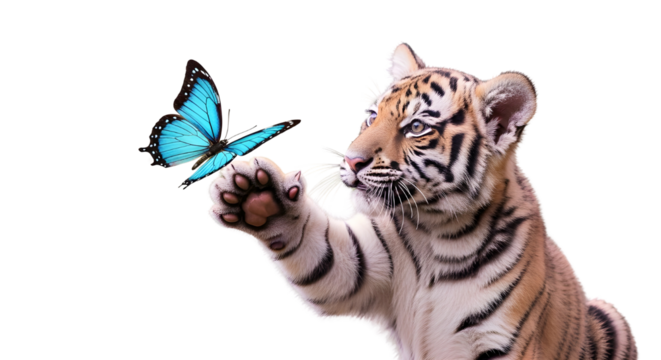 Adorable baby tiger cub interacting gently with a bright blue butterfly. isolated PNG with Transparent Background