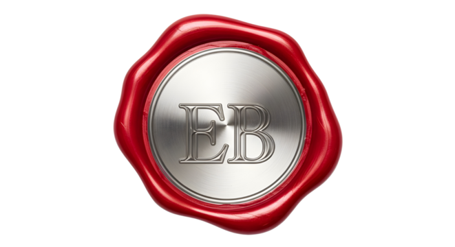 Classic red wax seal stamp with silver metallic center and EB initials for certification. isolated PNG with Transparent Background