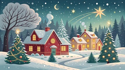 Festive Christmas vector illustration of a snowy winter village with a large decorated Christmas tree, glowing cozy cottages, starry night sky and crescent moon — perfect winter landscape with houses