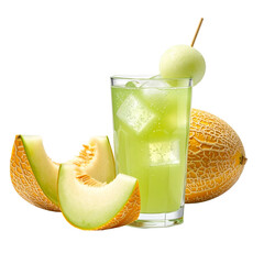 Refreshing Cantaloupe Melon Drink with Ice, Garnished Melon Ball, Fresh Slices, and Whole Fruit Isolated on Black