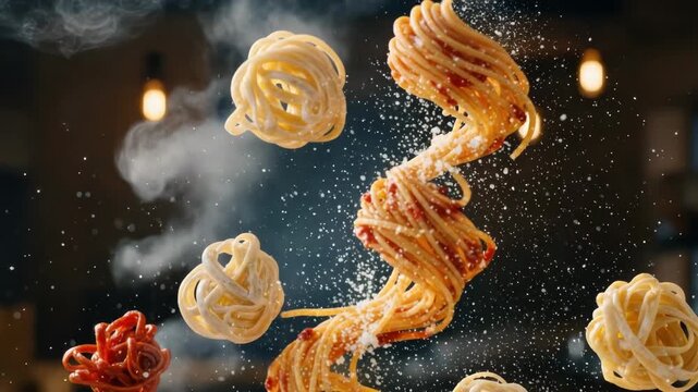 Flying spaghetti with tomato sauce and fettuccine nests sprinkled with parmesan cheese. Hot steamy pasta levitation for a restaurant menu or advertisement banner