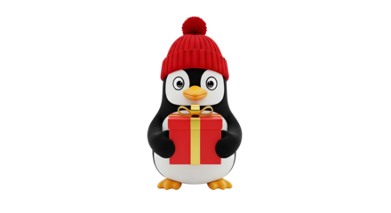 Adorable 3D cartoon penguin character holding a red Christmas gift box for winter holidays. isolated PNG with Transparent Background