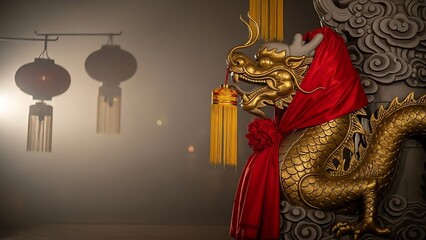 Fototapeta premium Golden Dragon Statue with Red Cloth and Hanging Lanterns