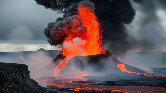 Epic panoramic triptych of a volcano erupting with a fiery explosion of magma and a huge smoke plume. A cinematic sequence showing a natural disaster and the raw power of geology