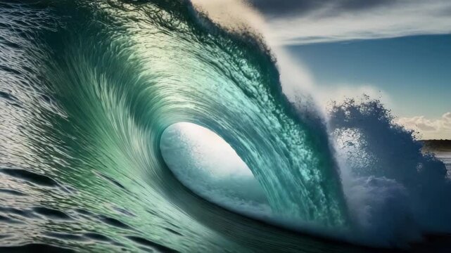 Triptych sequence of a powerful ocean wave curling into a perfect barrel. Epic surf conditions at sunrise with beautiful light shining through the turquoise water. Abstract nature concept