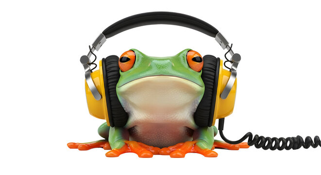 Cute red-eyed tree frog character wearing headphones for entertainment and audio concepts. isolated PNG with Transparent Background