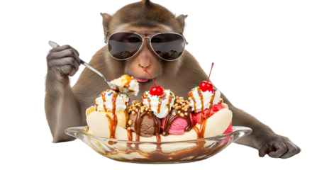 Funny macaque monkey wearing sunglasses eating a giant banana split ice cream sundae isolated PNG with Transparent Background