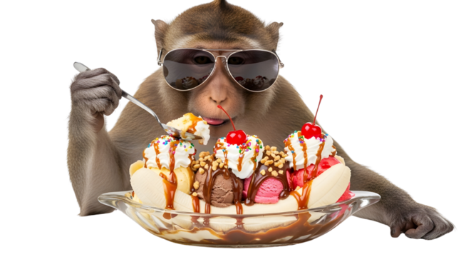 Funny macaque monkey wearing sunglasses eating a giant banana split ice cream sundae isolated PNG with Transparent Background