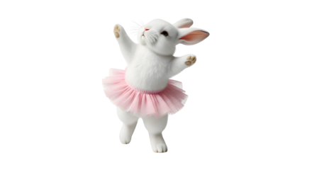 Cute white rabbit bunny figurine dancing ballet wearing a pink tutu isolated PNG with Transparent Background