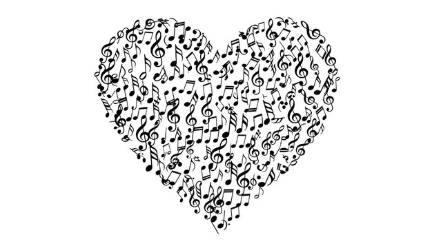Black musical notes forming a decorative heart shape graphic design element for romance and entertainment isolated PNG with Transparent Background