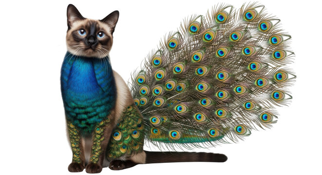 Siamese cat with peacock feather tail and breast isolated PNG with Transparent Background